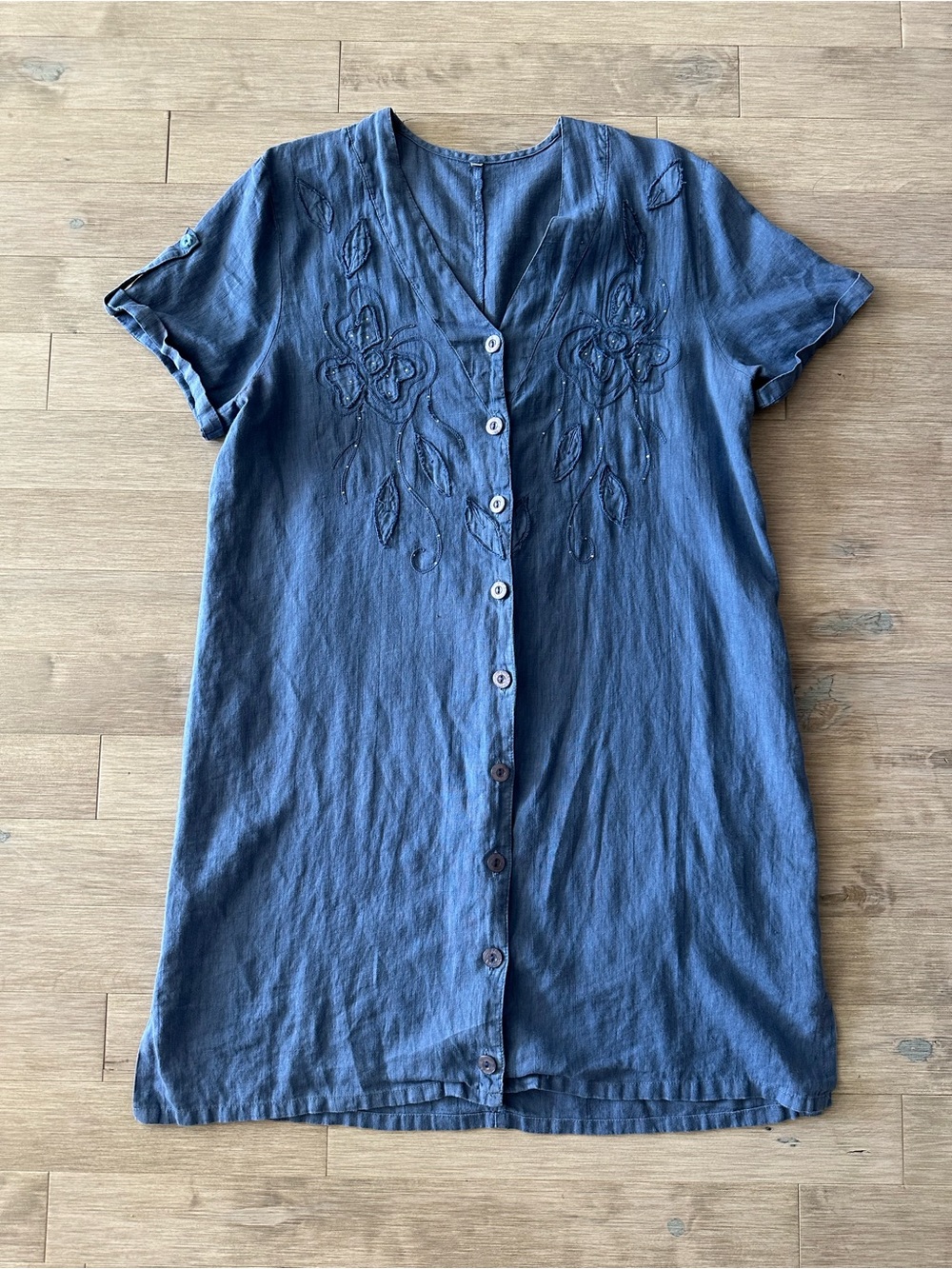 Unbranded 100% Linen Button-Front Embroidered Mini Dress - Blue Size XL